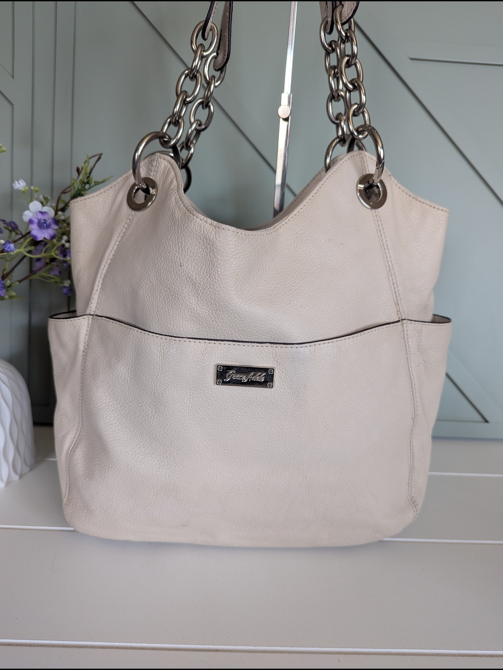 Grace Adele Ivory Leather Tote with Chain Handles